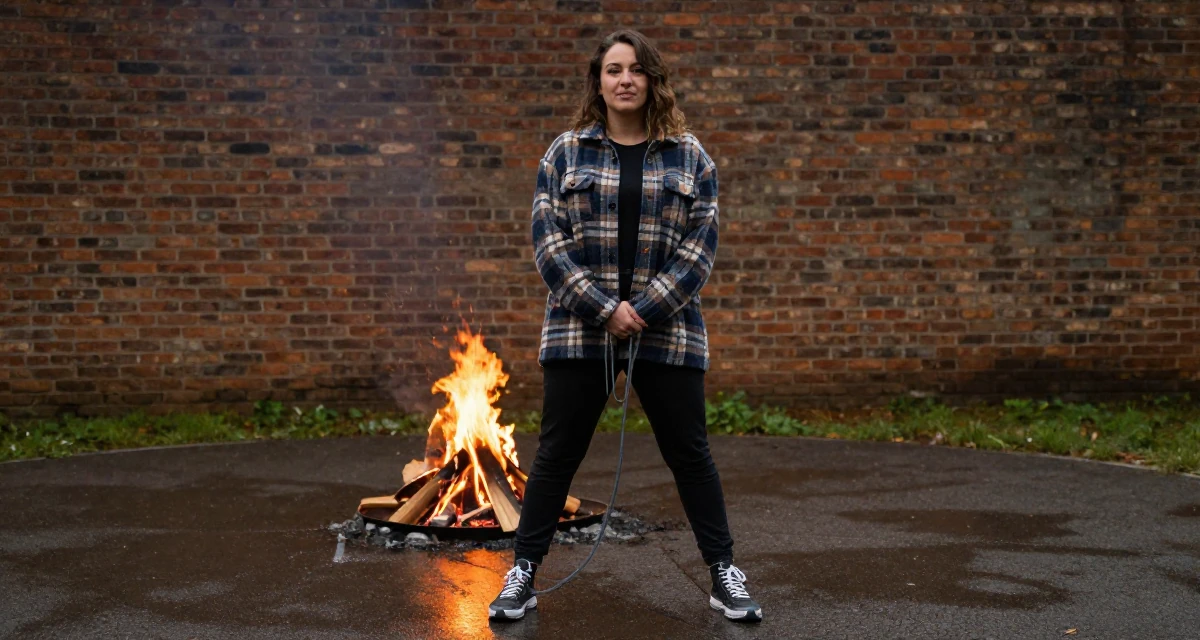 A proud Female Former retail cashier, now monetizing aesthetic self-portraits in their 25, learning how poses can feel powerful instead of scary, wearing a cozy oversized flannel, holding a leash in a campfire circle.