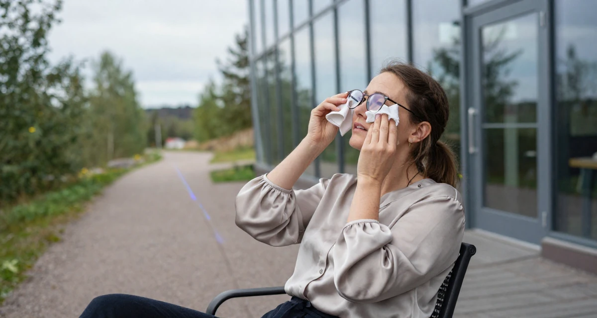 A emotional Female From Helsinki Finland, practiced emotional expression through self-portrait art in their 34, advocating for eco-friendly parenting, wearing a silk blouse with oversized cuffs, cleaning glasses with a cloth in a mountain trail.