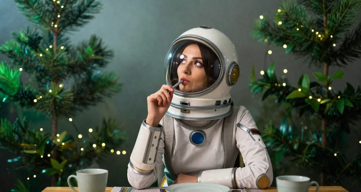 A reflective Female Raised in Kazakhstan, majored in global business in their 30, experimenting with bold fashion choices, wearing a retro sci-fi space girl outfit with a bubble helmet, chewing on a pen thoughtlessly in a dining room.