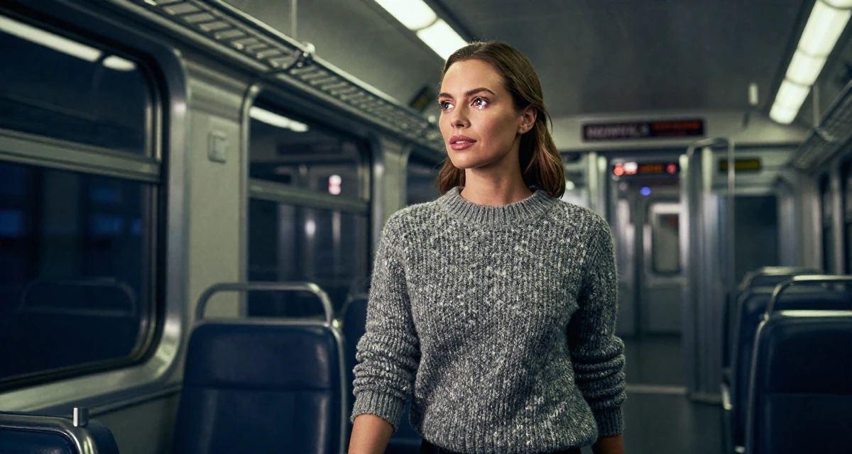 A nostalgic Female From Bergen Norway, studied business economics in their 32, managing high-stakes projects with calm, wearing a textured wool sweater, glancing sideways in a train carriage.