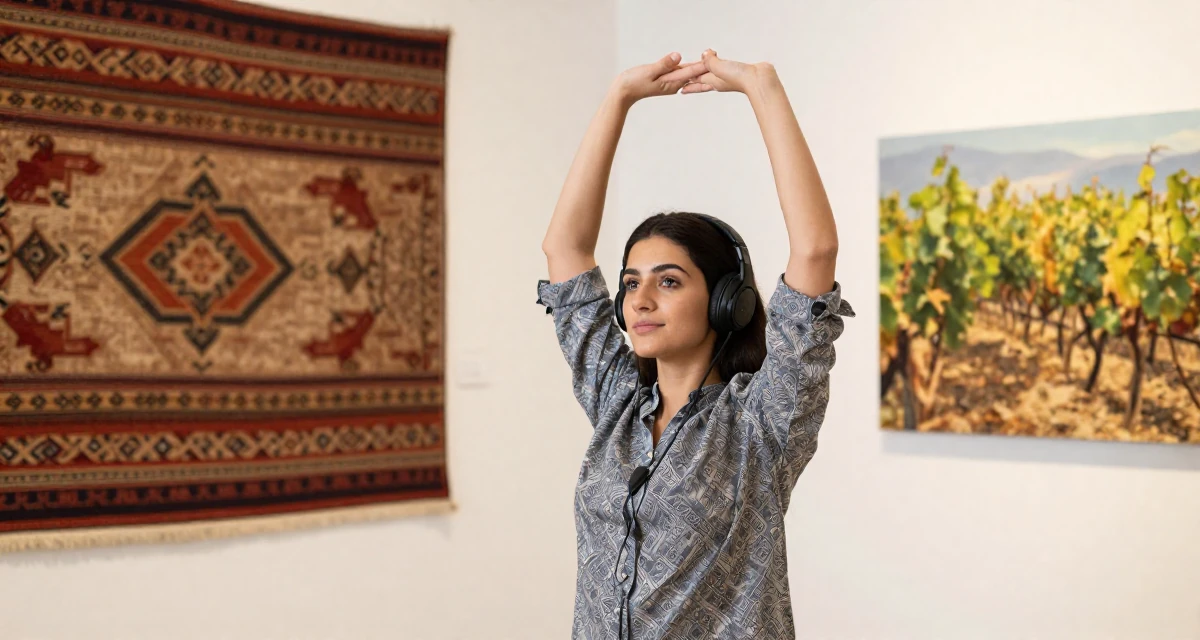 A reassured Female From Afghanistan, majored in agricultural science in their 25, learning to deal with unsolicited feedback online, wearing a relaxed fit patterned shirt, listening to music with headphones in a art gallery.