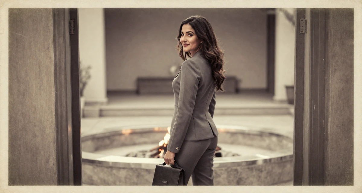 A relaxed and happy Female From Pakistan, majored in mass communication in their 27, embracing natural beauty and minimalism, wearing a sleek modern tailored look, holding a purse tightly in a campfire circle.