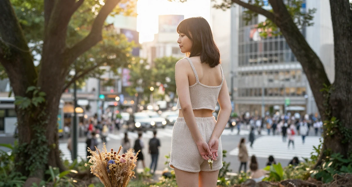 A peaceful Female From Japan, studied nutrition and food science in their 23, regretting creative decisions but needing to post anyway, wearing a knitted loungewear shorts and a matching tiny top, holding a set of keys in a magical forest clearing.