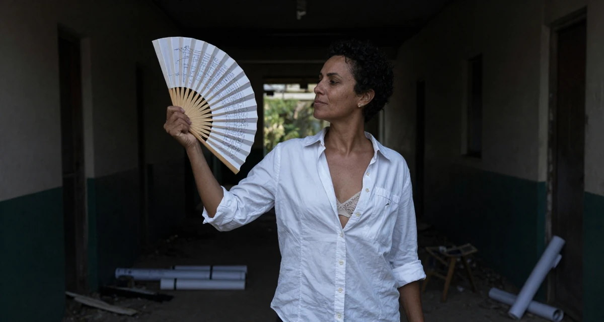 A carefree Female From South Africa, majored in development studies in their 45, documenting the renovation of a vacation home, wearing a white button-down shirt worn open over a lace bra, fanning self with a hand in a abandoned hospital.