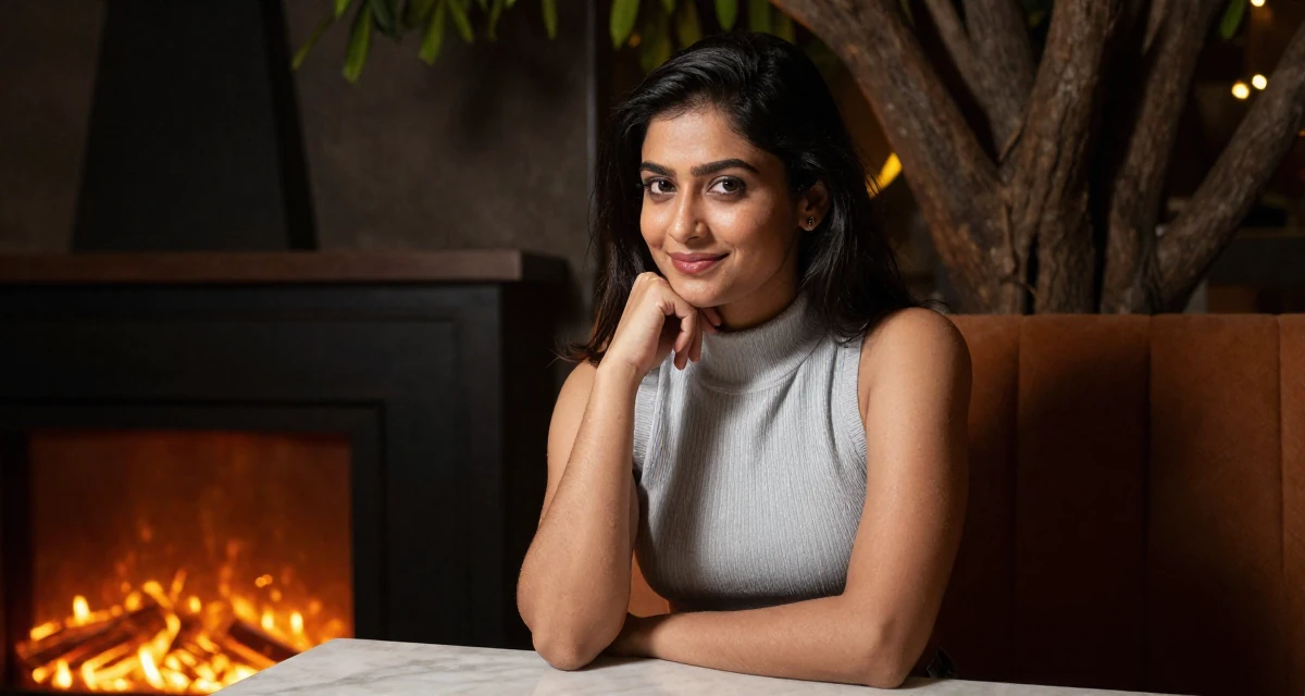 A smiling gently Female From Bangladesh, based in Chittagong, graduated from a technical college majoring in graphic design in their 23, discovering how subtle teasing builds real engagement, wearing a high-neck sleeveless crop top showing toned arms, touching the chin thoughtfully in a restaurant booth.