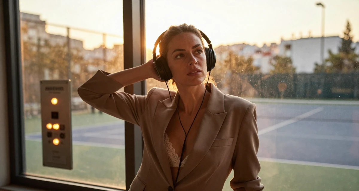 A intense and captivating Female From Athens Greece, studied philosophy in their 39, sharing stories of resilience and growth, wearing a fitted blazer with nothing underneath but a lace bra (hinted), listening to music with headphones in a tennis court.