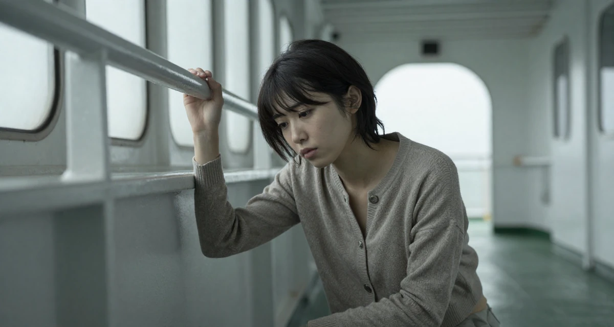 A disinterested Female From Japan, studied early childhood education in their 27, dealing with pressure to constantly upgrade quality, wearing a cropped cardigan with only one button fastened, grabbing a railing for support in a ferry deck.