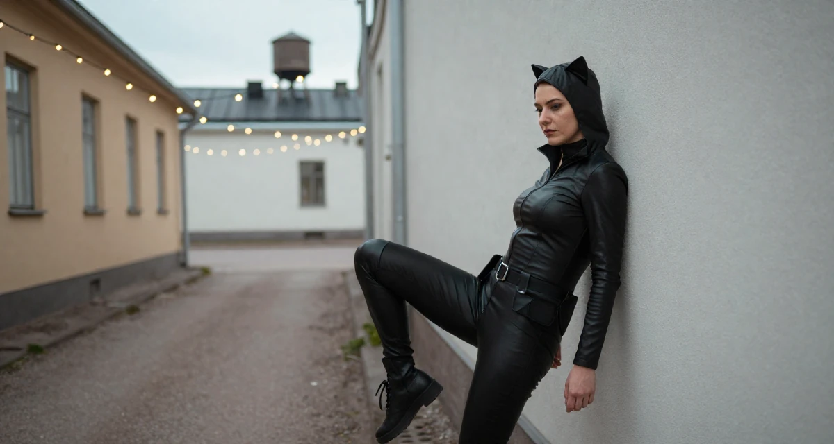A reflective Female From Tampere Finland, learned intimate storytelling through slow-mode videography in their 38, handling long working hours, wearing a tight leather cat burglar suit with a utility belt, dangling a shoe from one foot in a quiet alleyway.