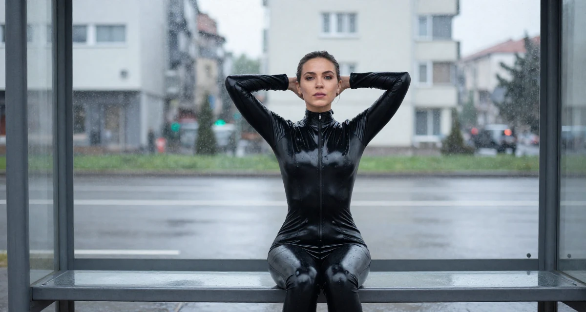 A arrogant Female From Ankara Türkiye, practiced intimate photography aesthetics in their 44, building a second stream of passive income, wearing a glossy black latex bodysuit with futuristic details, stretching the neck in a bus stop in the rain.