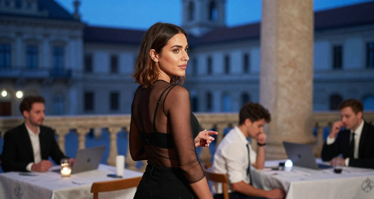 A ethereal male Former pharmacist in training, now teaching wellness routines online in their 35, teaching financial literacy to other women, wearing a sheer mesh top layered over a black bralette, pausing mid-step in a banquet hall.