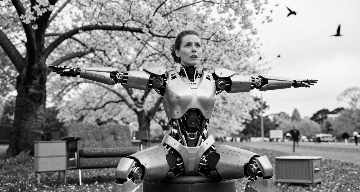 A intense Female From Australia, studied sports science and nutrition in their 37, rebuilding savings after unexpected expenses, wearing a futuristic android body armor with exposed mechanical parts, stretching arms in a cherry blossom park.