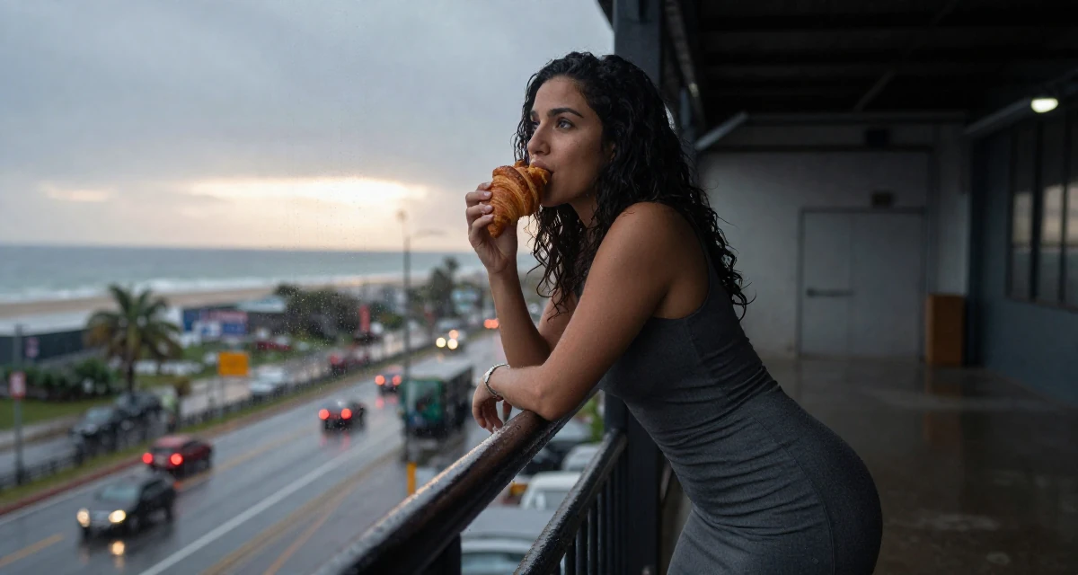 A dreaming Female Born in the Dominican Republic, studied tourism marketing in their 23, dealing with fluctuating subscriber numbers, wearing a sheath dress in charcoal grey that hugs the curves, eating a croissant in a industrial loft.