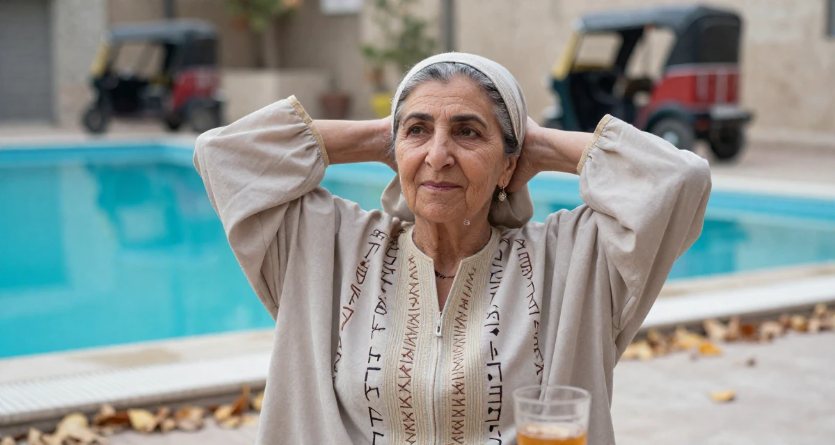 A composed Female From Cairo Egypt, studied anthropology in their 48, grandmother sharing joy and family recipes, wearing a cultist robe with mysterious rune embroidery, holding a cold drink in a swimming pool.
