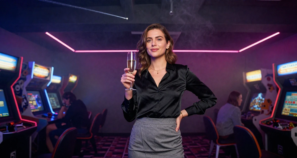 A affectionate Female From Denmark, based in Aarhus, graduated from a media institute majoring in branding in their 24, planning seasonal or holiday-themed drops, wearing a black silk blouse slightly unbuttoned and a grey skirt, holding a champagne glass in a arcade room with neon lights.