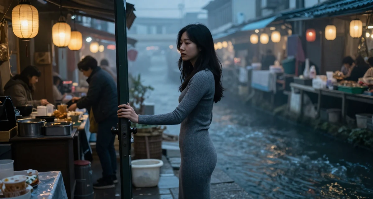 A quietly content Female From Korea, studied film directing in their 23, tired of the hookup culture and dating apps, wearing a tight knit midi dress with long sleeves, pushing a door open in a bustling market.