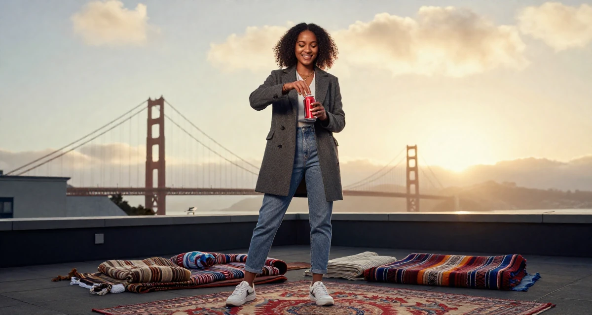 A grateful Female From Mauritius, studied digital marketing in their 22, balancing ambition with realistic expectations, wearing a tailored coat with casual sneakers, opening a soda can in a rooftop terrace at sunset.