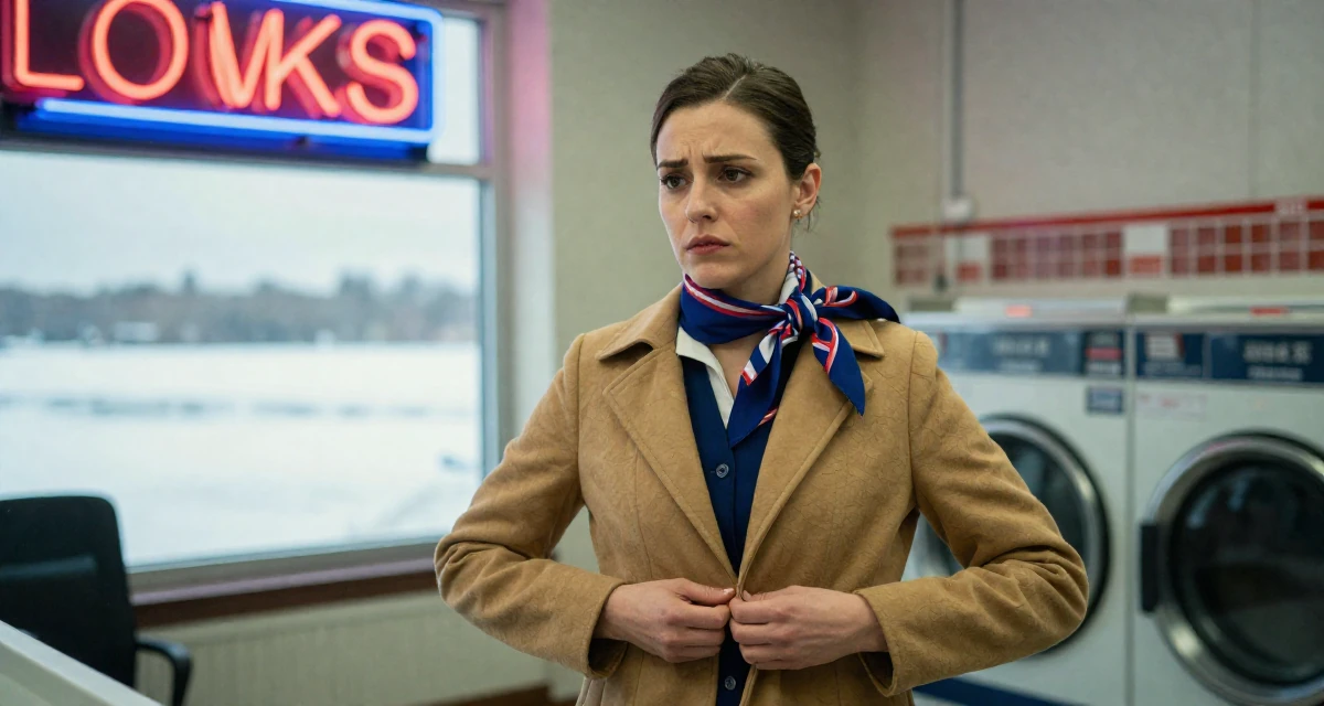 A steady Female Former sales rep, now leveraging charisma for digital storytelling in their 24, worried about the future of the economy, wearing a flight attendant uniform with a silk scarf, unbuttoning a coat in a laundromat with neon signs.