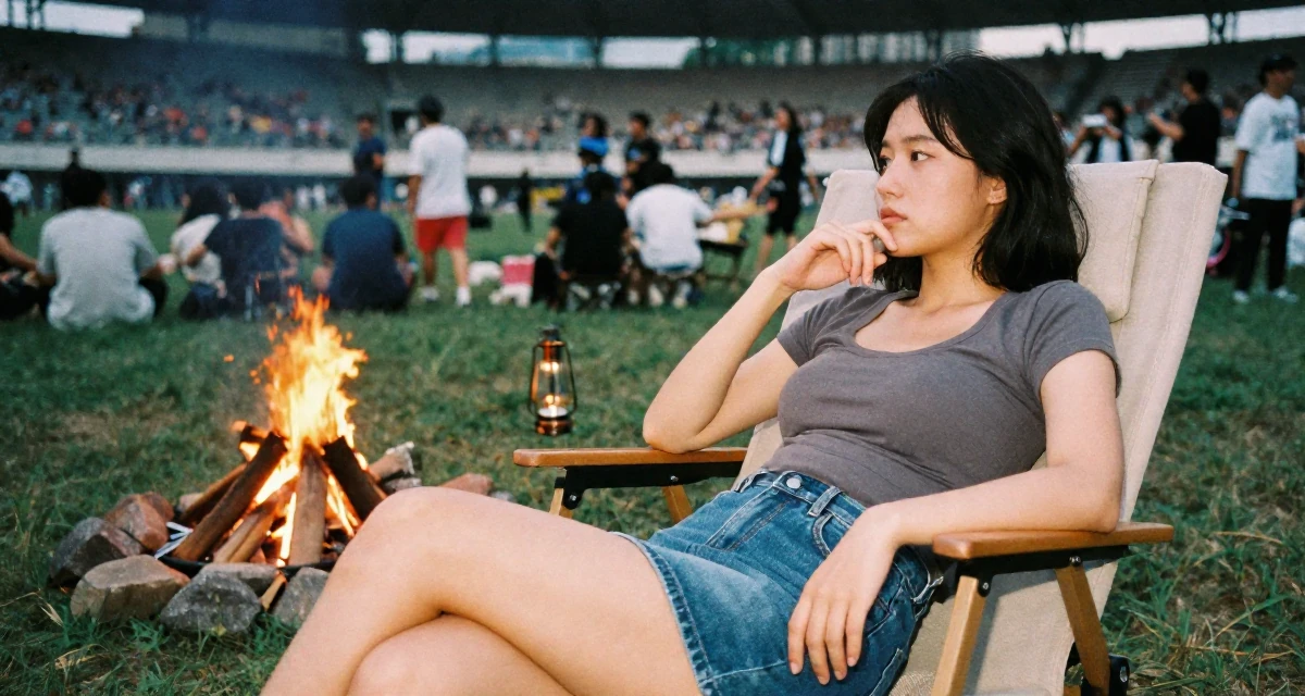 A judgemental Female Once a dog trainer, now a pet-friendly lifestyle content creator in their 22, responding to fans while keeping emotional distance, wearing a fitted scoop neck tee and a denim mini skirt, touching the chin thoughtfully in a campfire circle.