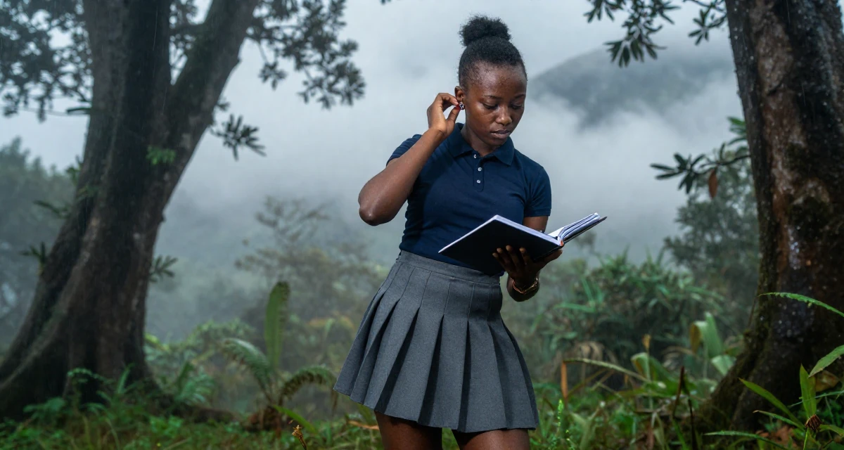 A fragile Female From Nairobi Kenya, holds a degree in communications in their 22, missing the freedom of student days, wearing a short pleated skirt and a tight polo shirt, putting on earrings in a dense misty forest.