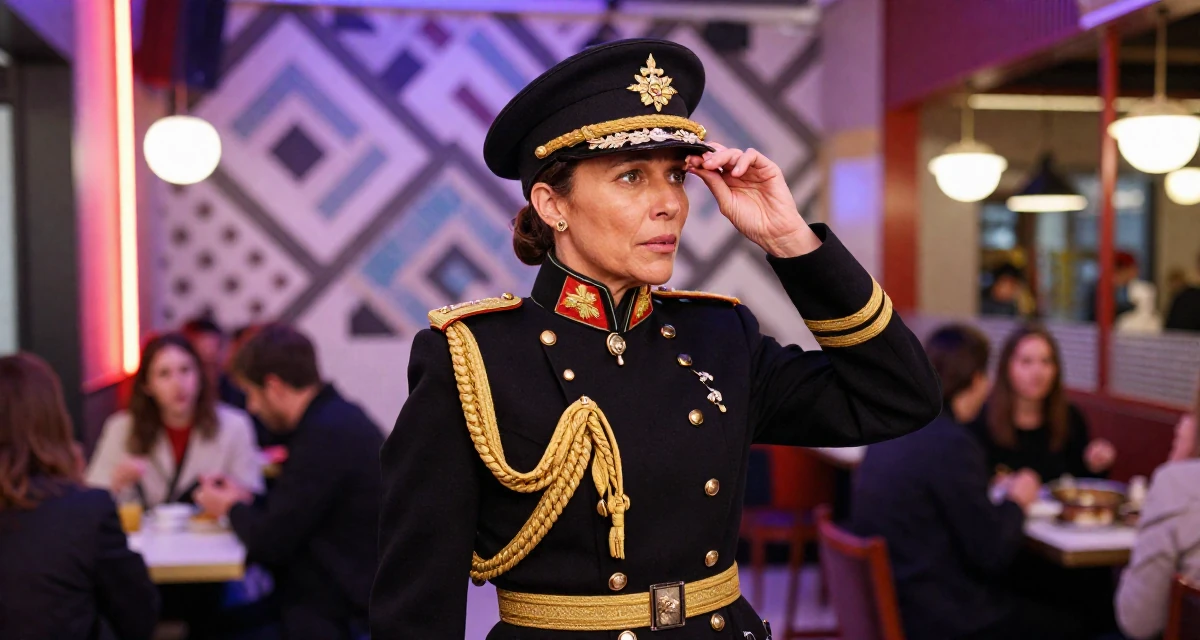 A emotionally moved Female From Italy, studied restoration of cultural heritage in their 39, sharing sophisticated style tips for mature women, wearing a military general uniform with gold braiding and a hat, looking through a bag in a arcade room with neon lights.