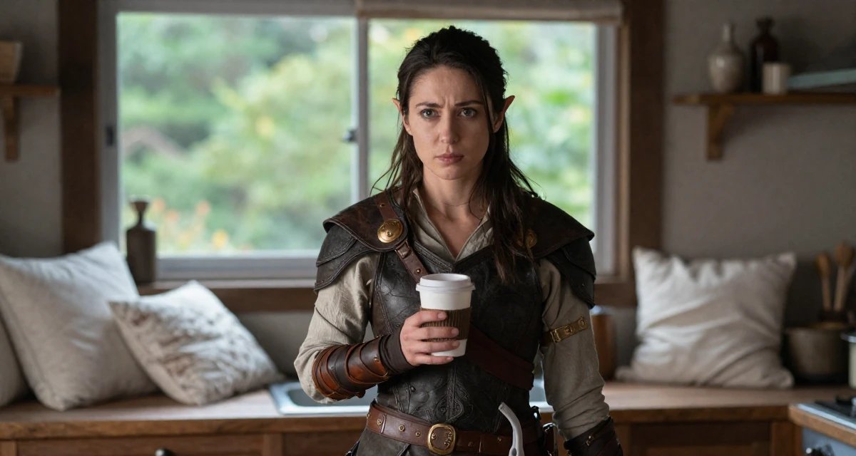 A moody Female From Tokyo Japan, majored in literature in their 25, adjusting expectations for adult life, wearing a fantasy elven archer outfit with leather armor details, holding a coffee cup with both hands in a rustic kitchen.