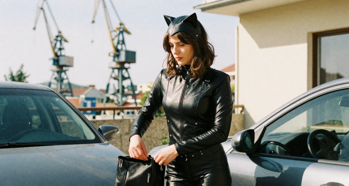 A pensive Female From Bulgaria, based in Varna, graduated from an arts college majoring in atmospheric performance aesthetics in their 31, recently paid off student loans, wearing a tight leather cat burglar suit with a utility belt, zipping up a bag in a sunny patio.