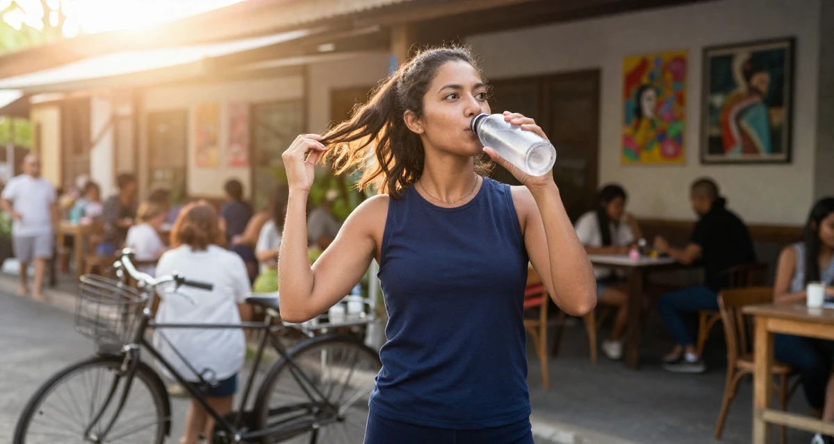 A spirited Female From Bali Indonesia, practiced mindful movement and self-portrait art in their 23, seeking career clarity through trial and error, wearing a classic navy blue ensemble, drinking from a water bottle in a busy coworking space.