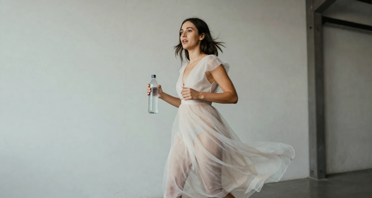A open and honest Female From Canada, studied hospitality management in their 22, feeling the imposter syndrome in a first serious job, wearing a ethereal spirit dress made of flowing sheer chiffon, holding a water bottle in a industrial warehouse.