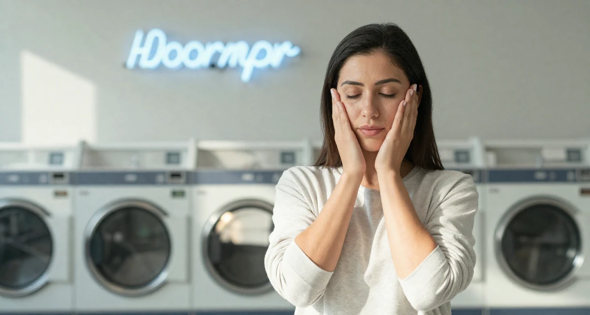 A calm male Former nurse in her late 20s, now building a wellness-focused creator brand in their 23, learning how to say “no” to requests outside comfort, wearing a clean, neutral-toned casual outfit, adjusting sleeves in a laundromat with neon signs.