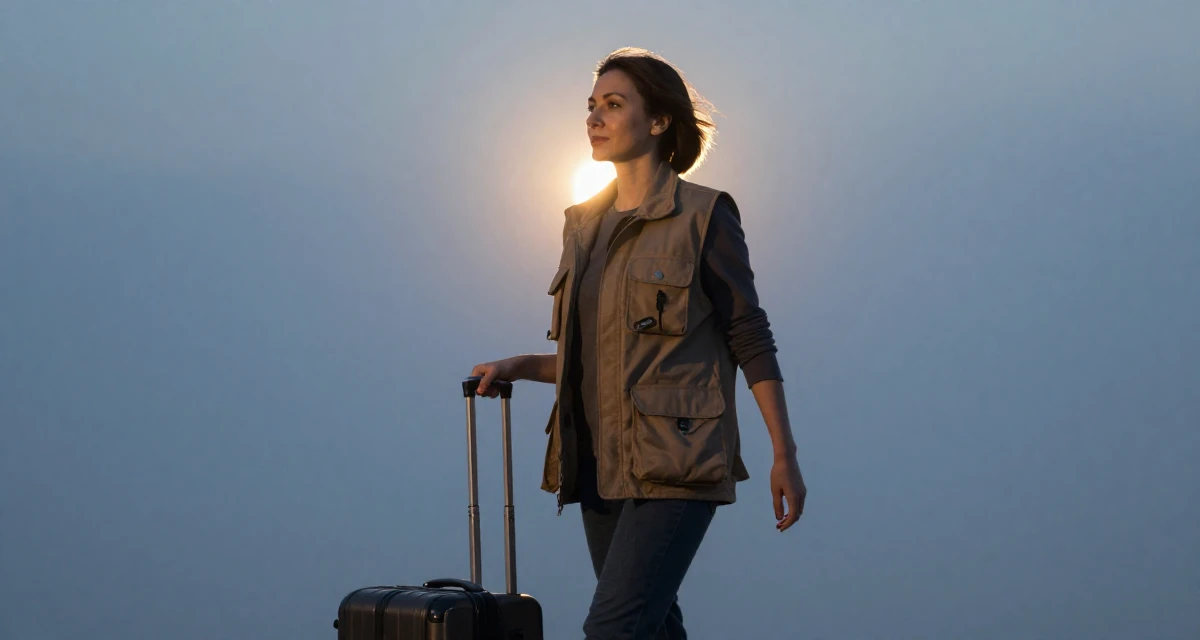 A sophisticated Female Raised in Kazakhstan, majored in global business in their 49, celebrating the beauty of imperfection, wearing a urban explorer utility vest look, pulling a suitcase in a photo studio.
