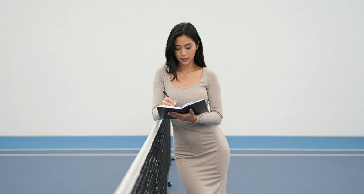 A harmonious Female From Malaysia, majored in international business in their 24, experimenting with sultry characters and light roleplay vibes, wearing a long-sleeve bodycon midi dress in neutral tones, writing in a notebook in a tennis court.