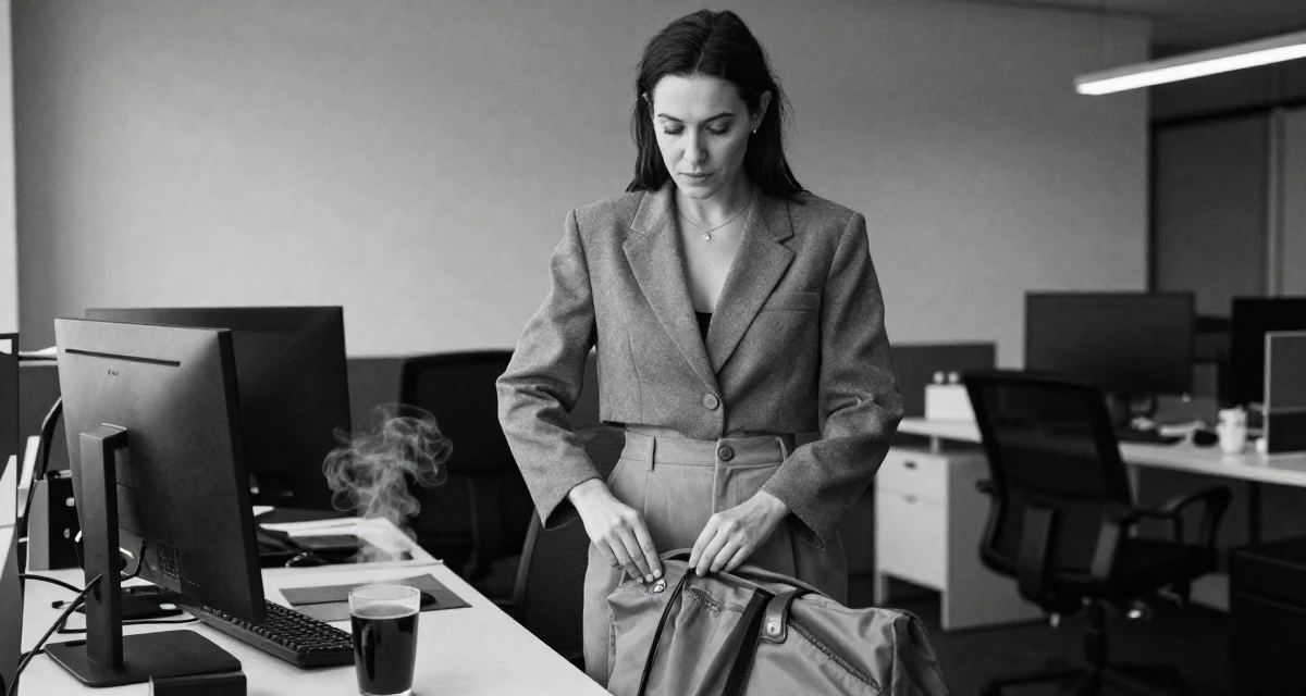 A focused Female From Australia, has a degree in environmental science in their 30, embracing a new level of self-assurance, wearing a cropped blazer and high-waisted trousers set, closing a bag in a office workspace.