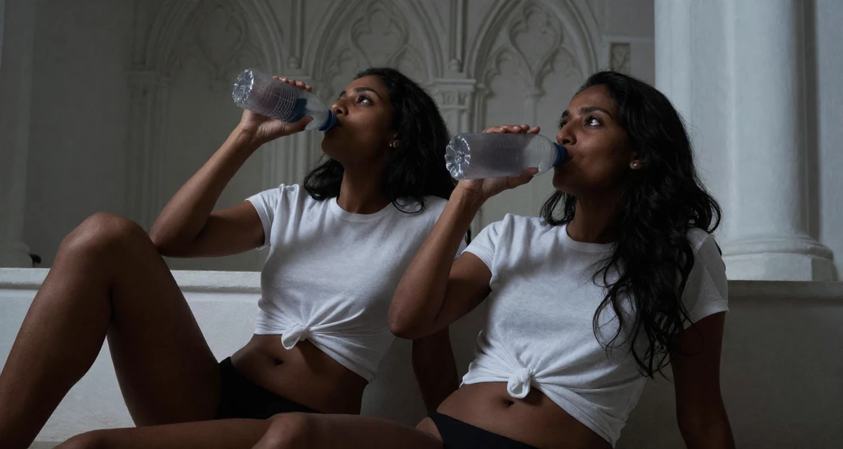 A alert and attentive Female Born in India, studied data analytics for media in their 49, celebrating female friendship and support, wearing a classic white t-shirt knotted at the front and bikini bottoms, drinking from a water bottle in a gothic cathedral interior.