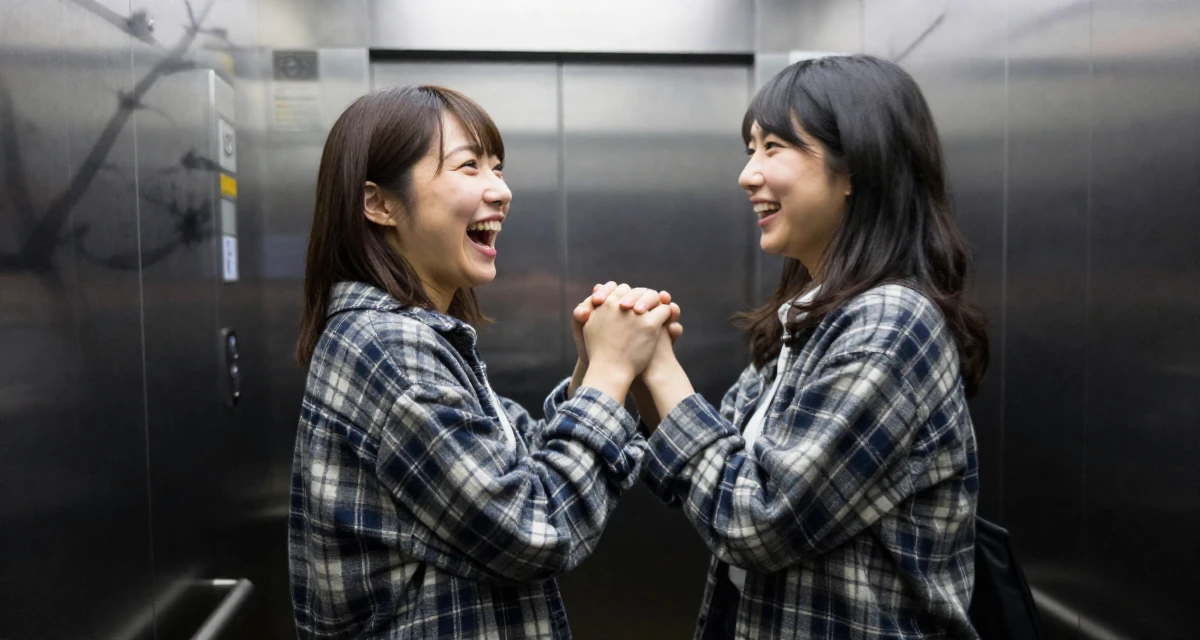 A playful and energetic Female From Japan, studied nutrition and food science in their 25, navigating emotionally intense relationships, wearing a cozy oversized flannel, clasping hands together in a corporate elevator.