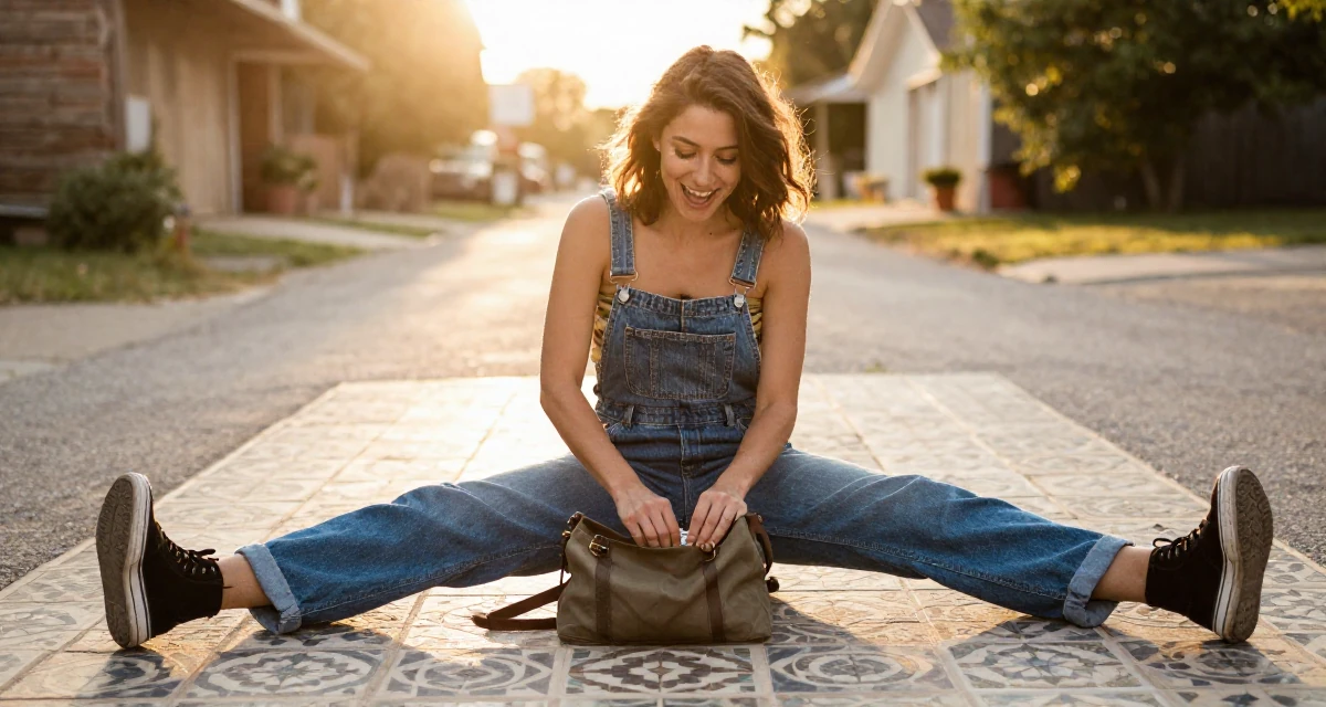 A enthusiastic Female Once a history major, now creating vintage-inspired storytelling in their 41, rediscovering personal style after forty, wearing a tube top and oversized denim overalls with one strap down, closing a bag in a country road.