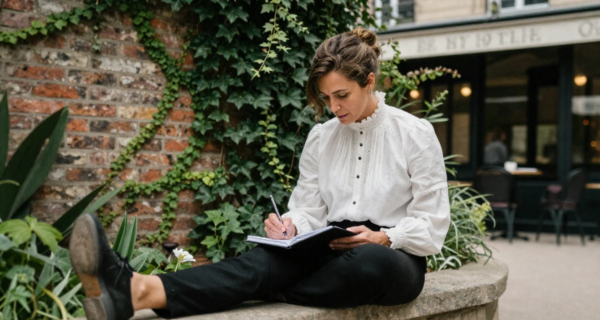 A engrossed Female Former swim team athlete, now building a fitness-focused fanbase in their 50, inspiring others to start over at any age, wearing a high-neck victorian style blouse and black slacks, writing in a notebook in a botanical garden.