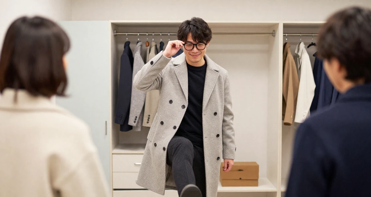 A friendly male From Japan, based in Fukuoka, graduated from a media college majoring in soft-glam creative production in their 22, facing judgment from people who don’t understand creator life, wearing a elegant woolen coat styling, pushing glasses up the nose in a walk-in wardrobe.