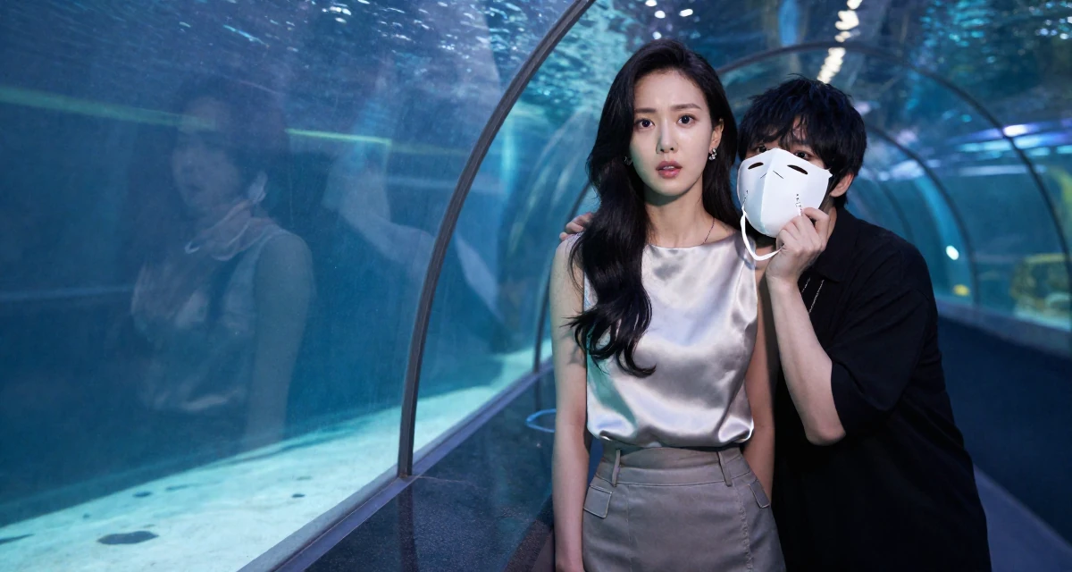 A gently serious Female From Seoul South Korea, studied international relations in their 22, shocked by the cost of rent and groceries, wearing a sleeveless silk top and a high-waisted skirt, holding a mask (cosplay/prop) in a aquarium tunnel.