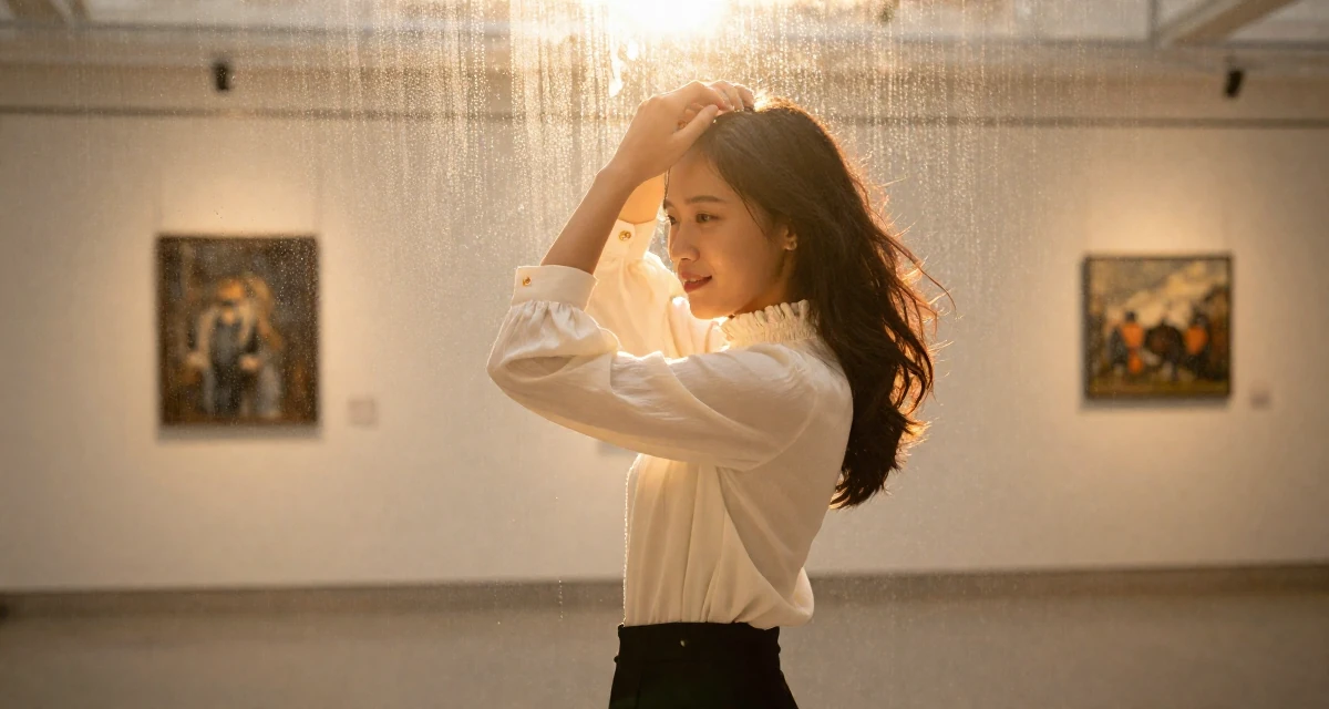 A charming Female From Ho Chi Minh City Vietnam, studied creative media and personal branding in their 25, dealing with pressure to choose a major, wearing a high-neck victorian style blouse and black slacks, messing up hair playfully in a art gallery hall.