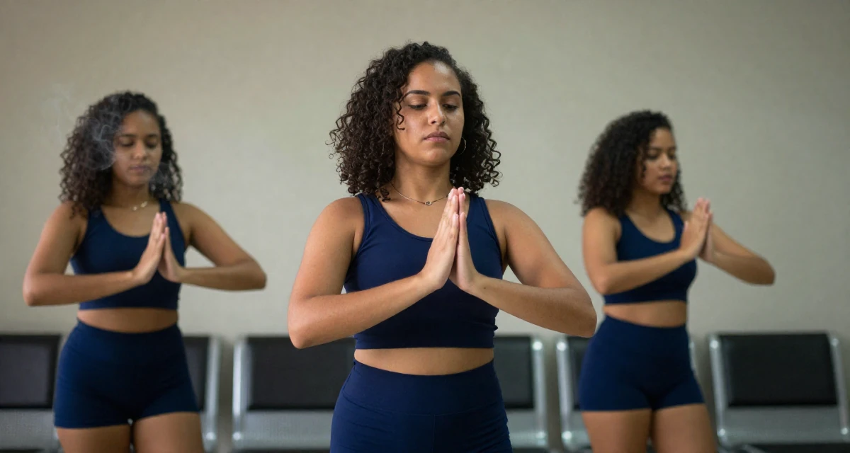 A quiet Female From São Paulo Brazil, practiced samba dance and sensual movement in their 21, realizing childhood friends are drifting away, wearing a classic navy blue ensemble, rubbing hands together for warmth in a waiting room.