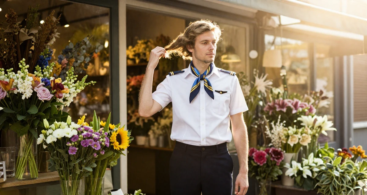 A quiet male From Netherlands, has a background in logistics in their 44, minimalist living with a focus on quality, wearing a flight attendant uniform with a silk scarf, twirling a lock of hair in a flower shop entrance.