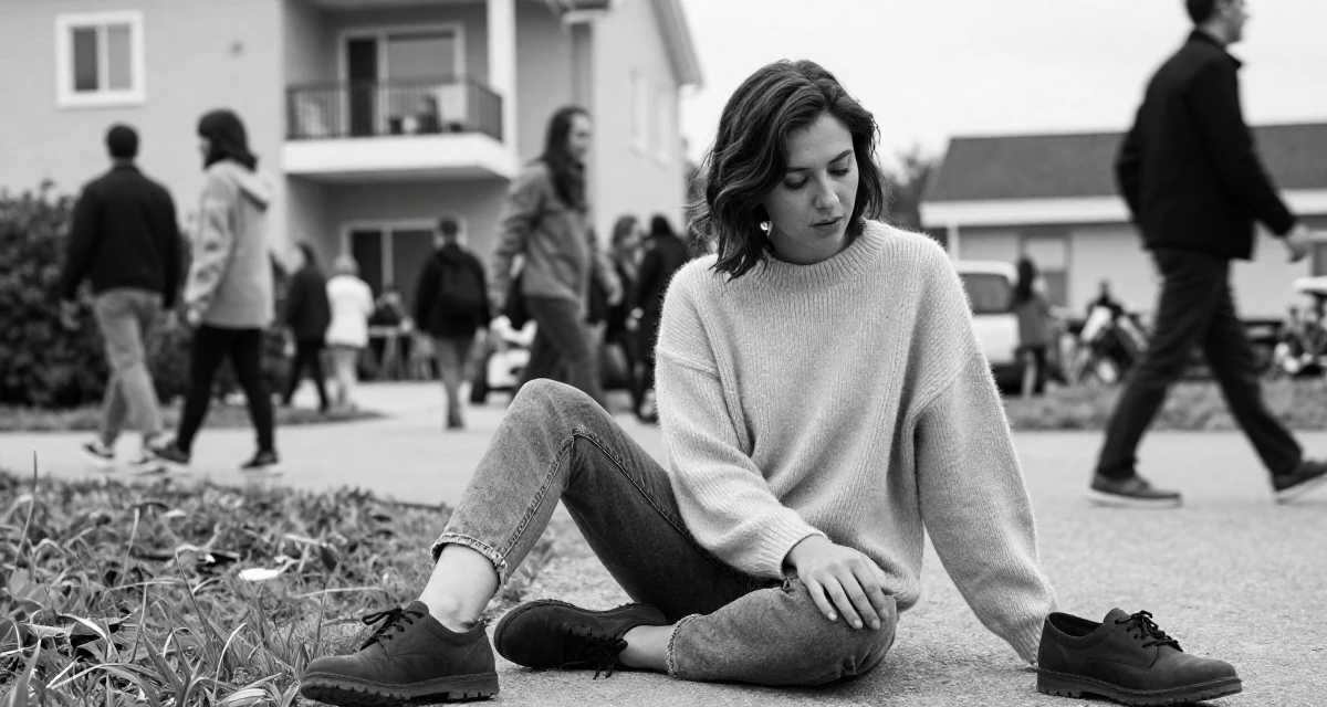 A observant Female Former model agency assistant, now running her own creator portfolio in their 45, sharing the beauty of a quiet rural life, wearing a oversized beige sweater and jeans, looking down at shoes in a modern apartment.
