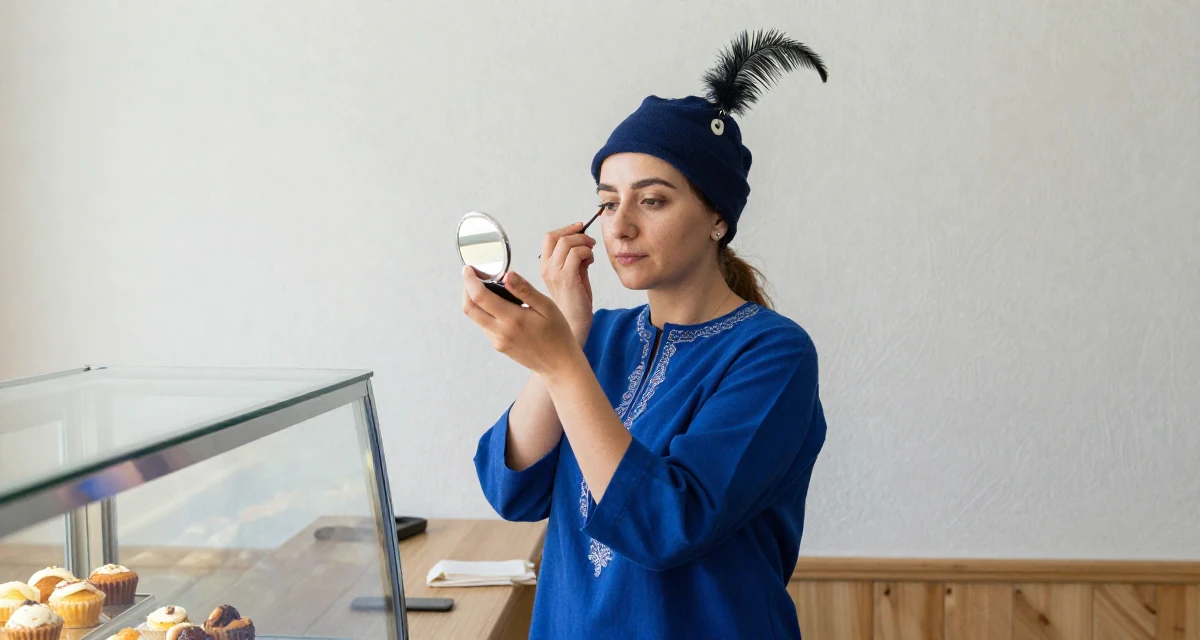 A quietly content Female From Uzbekistan, majored in information systems in their 28, understanding that burnout is part of the cycle, wearing a royal musketeer tunic with a feathered hat, checking makeup in a compact mirror in a bakery counter.