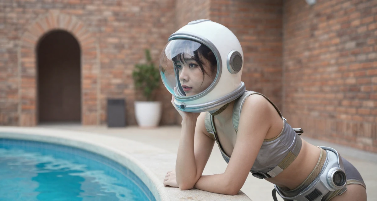 A enigmatic Female From the Philippines, based in Davao, graduated from a communication program majoring in fan engagement dynamics in their 25, discovering how lighting makes soft sensual vibes pop, wearing a retro sci-fi space girl outfit with a bubble helmet, leaning head on a hand in a swimming pool.
