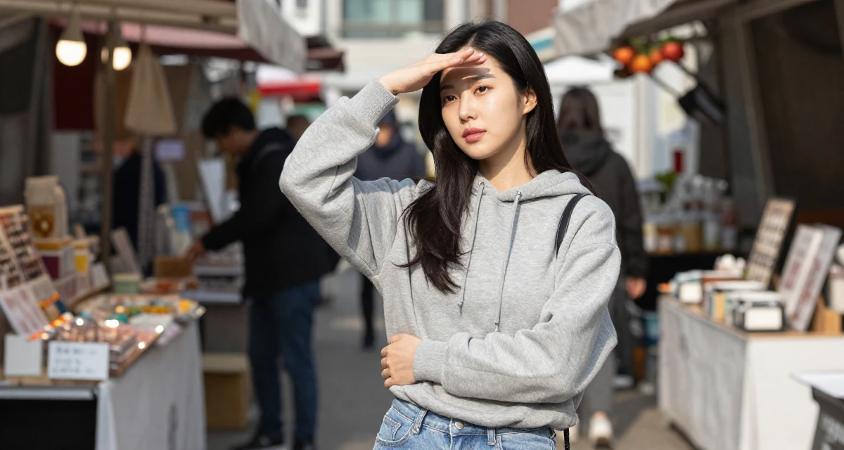 A mellow Female From Seoul South Korea, studied K-style beauty and content editing in their 23, discovering the thrill of tasteful seduction, wearing a classic grey hoodie and jeans, shading eyes with a hand in a sunny patio.