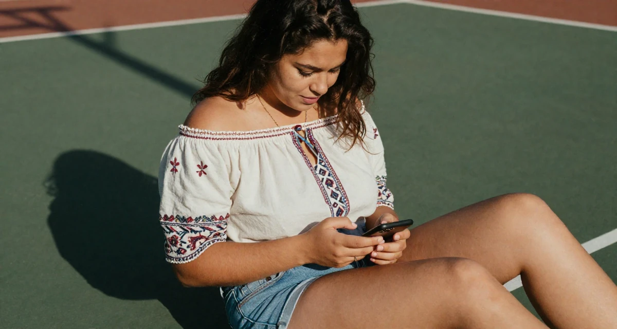 A lighthearted Female Once a logistics coordinator, now creating body-positivity material in their 25, navigating emotionally intense relationships, wearing a boho style off-shoulder peasant top and shorts, unlocking a phone screen in a basketball court.