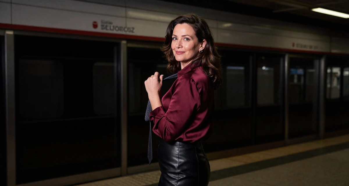 A quietly happy Female Previously a hairstylist, now showcasing transformation-driven content in their 47, navigating the challenges of the sandwich generation, wearing a burgundy silk blouse and black leather skirt, playing with a tie in a subway station.