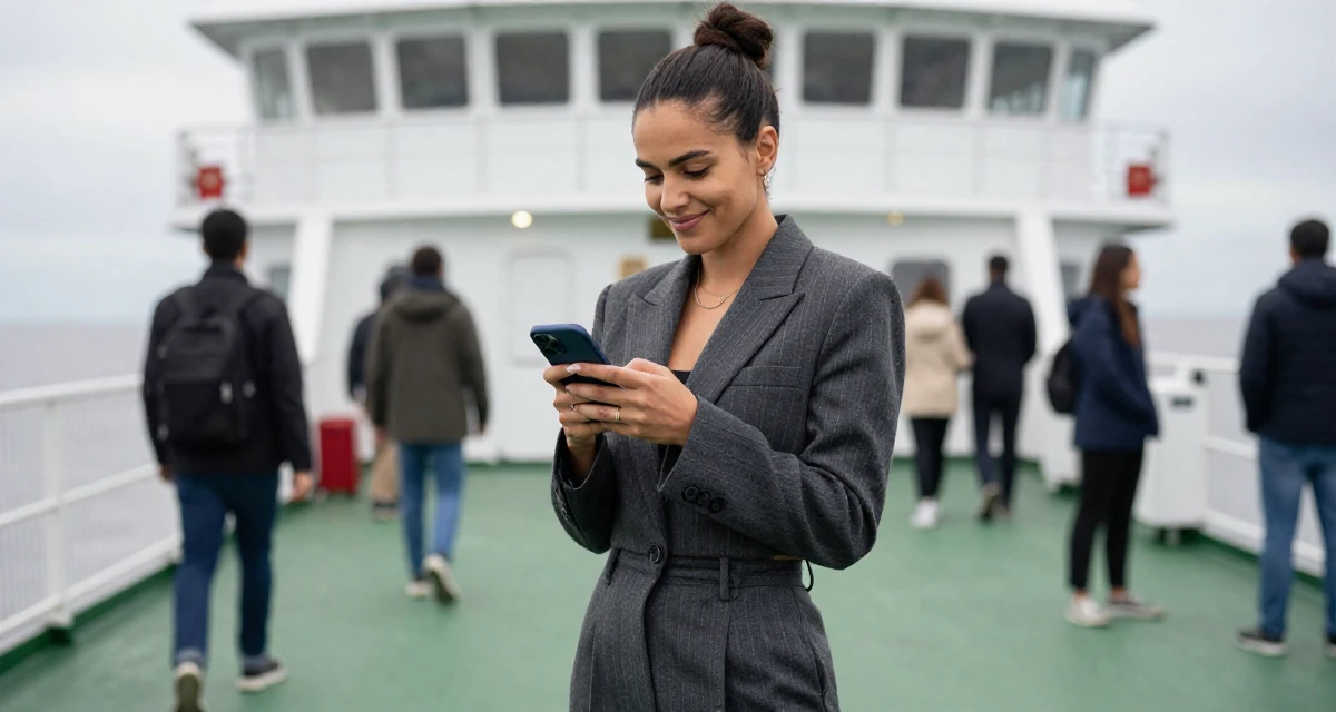 A smirking Female From Mali, majored in agricultural management in their 38, reviewer of high-end tech products, wearing a cropped business jacket and high-waisted pants, reading a text message in a ferry deck.