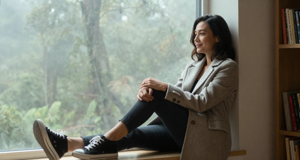 A friendly Female From the Philippines, majored in mass media in their 25, defining a mature, seductive but classy persona, wearing a tailored coat with casual sneakers, adjusting sleeves in a cozy reading nook by a window.