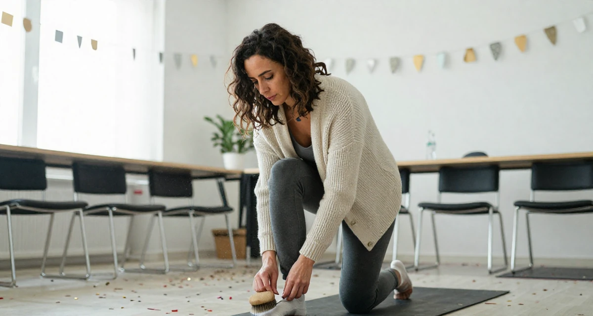 A melancholic Female From Athens Greece, learned movement expression through traditional dance in their 34, ex-corporate lawyer turned yoga instructor, wearing a cozy knit cardigan and slacks, brushing off dust in a conference room.